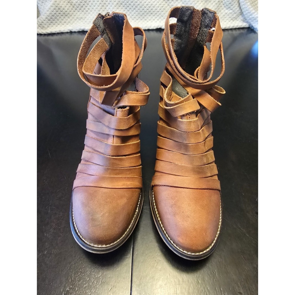 Free People Lisbon Strappy Leather Ankle Boots Brown Boho Cutout Heel US 8.5